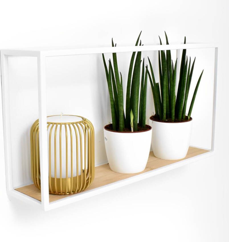 'merkloos'' Wandschap keuken wit 52cm x 27cm x 12cm Wandrek woonkamer wit met hout wandplank Soto rechthoekig Wandschappen design metaal