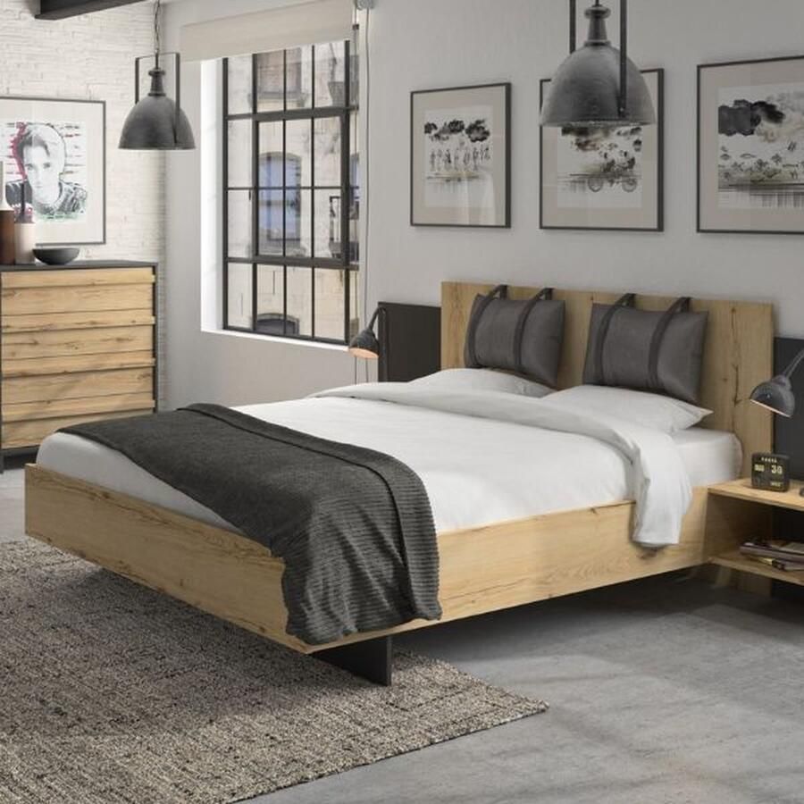 Gami EMOB Bed Marzano 160x200cm met twee nachttafeltjes helvezia eik Gautier Slaapkamer outlet Bruin; Zwart Spaanplaat Slaapkamer outlet Tweepersoons Normaal bed Op voorraad
