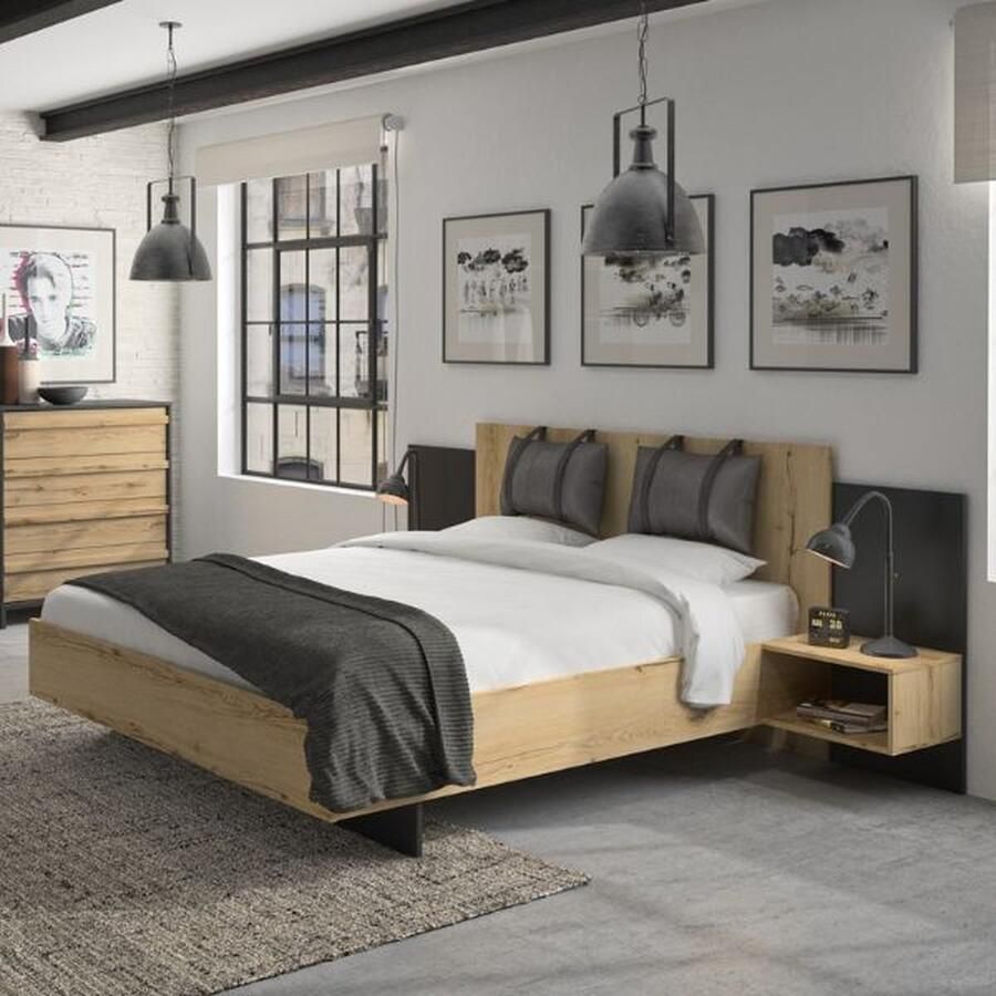 Gami Bed Marzano 180x200cm met twee nachttafeltjes helvezia eik