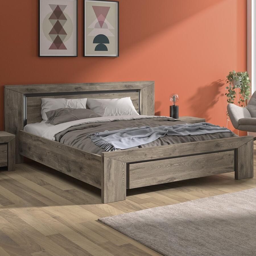 Gami Tweepersoonsbed East 140x200 donkere eik Gautier Twijfelaars Bruin Spaanplaat Twijfelaars Tweepersoons Normaal bed