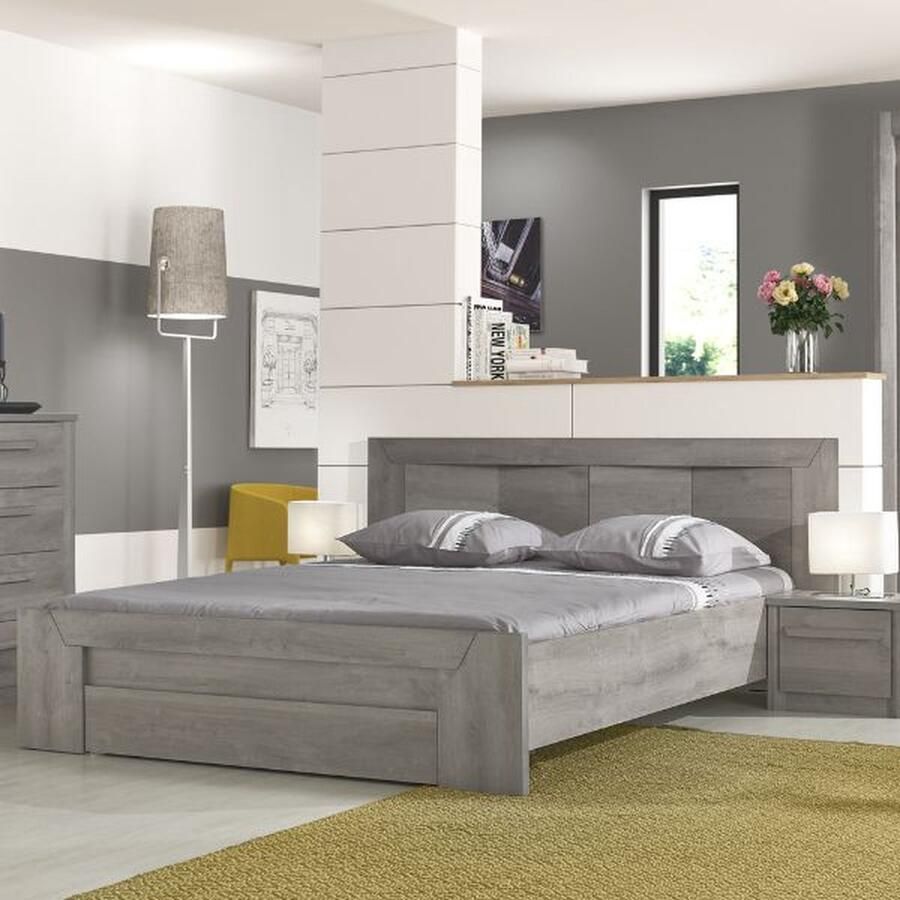 Gami EMOB Tweepersoonsbed Hayden met lade 140x200 lichtgrijze eik Gautier Slaapkamer outlet Grijs Spaanplaat Slaapkamer outlet Tweepersoons Normaal bed Op voorraad