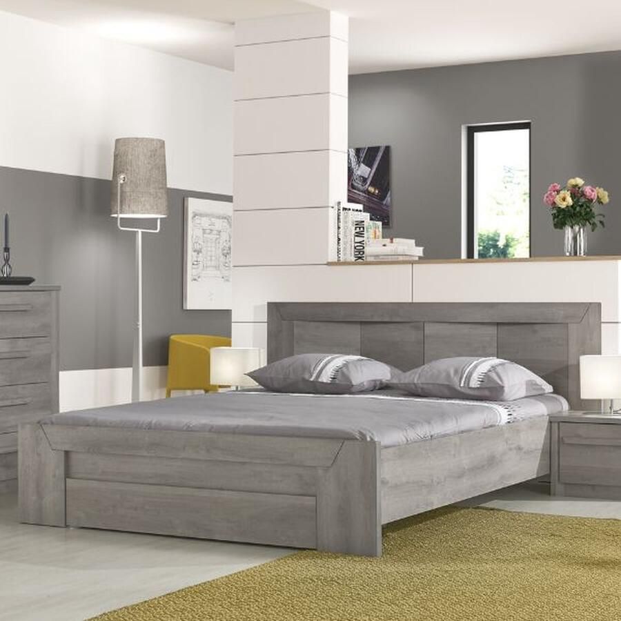 Gami EMOB Tweepersoonsbed Hayden met lade 140x190 lichtgrijze eik Gautier Slaapkamer outlet Grijs Spaanplaat Slaapkamer outlet Tweepersoons Normaal bed Op voorraad