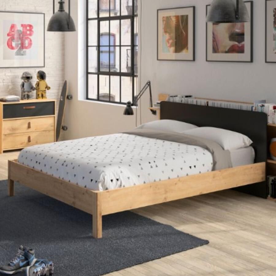 Gami EMOB Tweepersoonsbed Liam 140x190 artisan eik Gautier Slaapkamer outlet Bruin Spaanplaat Slaapkamer outlet Tweepersoons Normaal bed Op voorraad