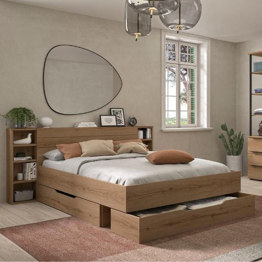 Gami EMOB Tweepersoonsbed met laden en opbergruimte Lucian 140 x 200 cm Helvezia Oak-design Gautier Bedden met lades Bruin MDF Bedden met lades Tweepersoons Normaal bed Op voorraad
