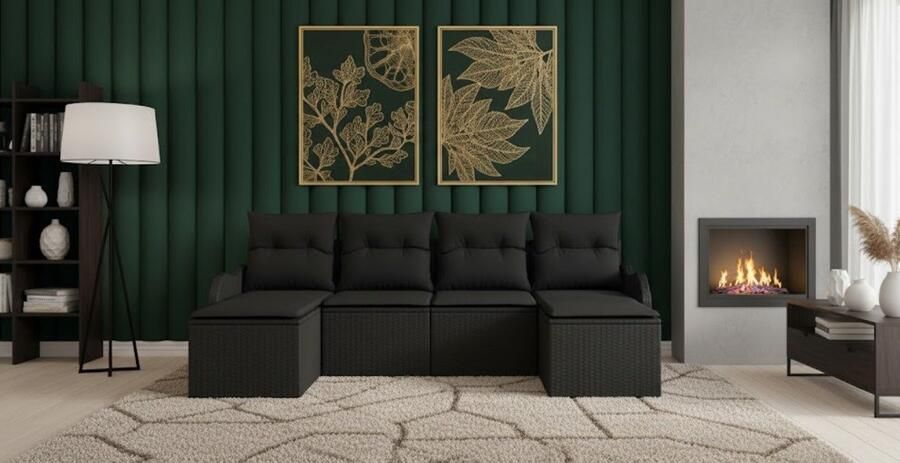 Ganeey 6-delige Luxe Tuin Loungeset – Moderne Outdoor Sofa Set met Comfortabele Kussens – Weerbestendig Zwart Poly Rattan – Modulair Design met Opbergruimte – Perfect voor Balkon Terras & Tuin