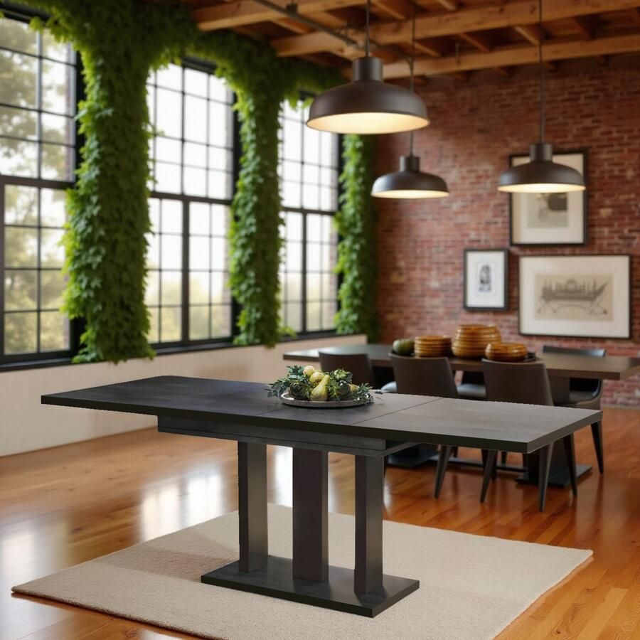 Ganeey Amplier Luxe Uitschuifbare Eettafel – Industriële Betonlook met Zwarte Randen – 130-210x80x76 cm – 8 Personen – Moderne Houten Tafel – Stevig & Stijlvol – Gemakkelijk te Monteren