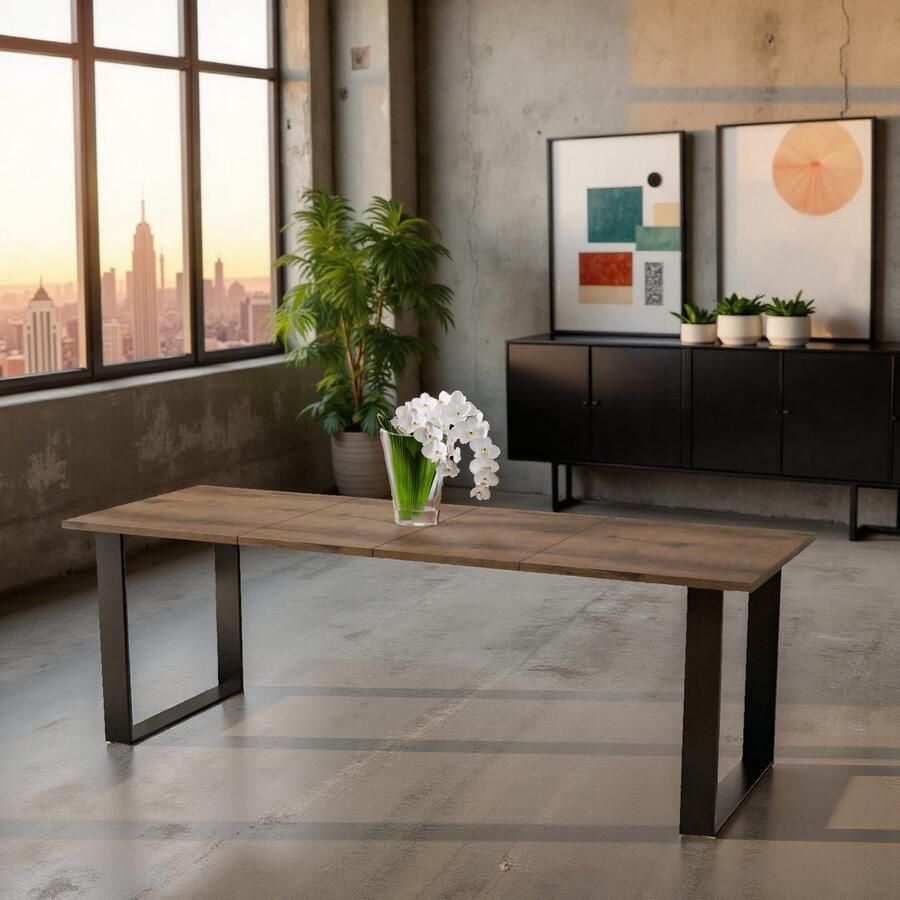 Ganeey Cramaille Luxe Uitschuifbare Eettafel – Donker Eiken – Rechthoekig – 130-210 cm – 8 Personen – Hout met Fineer – Industriële Eettafel met Zwart Frame