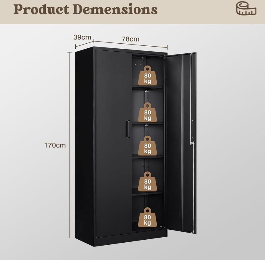 Ganeey Dossierkast Afsluitbaar met 2 Deuren – Metalen Kast 170x78x39 cm – Stalen Opbergkast met 4 Verstelbare Planken – Multifunctionele Kantoorkast voor Dossiers Gereedschap & Garage – Roestvrij Duurzaam & Modern Ontwerp – Zwart