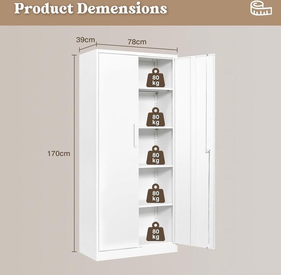 Ganeey Dossierkast met Slot – Stalen Opbergkast 170x78x39 cm – Metalen Kast met 4 Verstelbare Planken – Multifunctionele Archiefkast voor Kantoor Garage School & Fitness – Wit – Vochtbestendig & Duurzaam