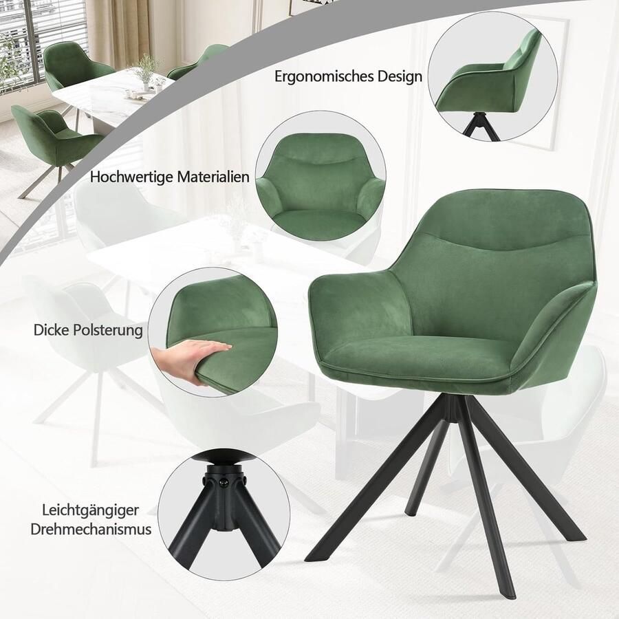 Ganeey Draaibare Eetkamerstoelen Set van 4 – Luxe Fluwelen Stoelen met Armleuningen – 360° Draaistoelen Groen – Comfortabele Gestoffeerde Keukenstoelen met Metalen Poten – Moderne Stoelen voor Woonkamer & Eetkamer