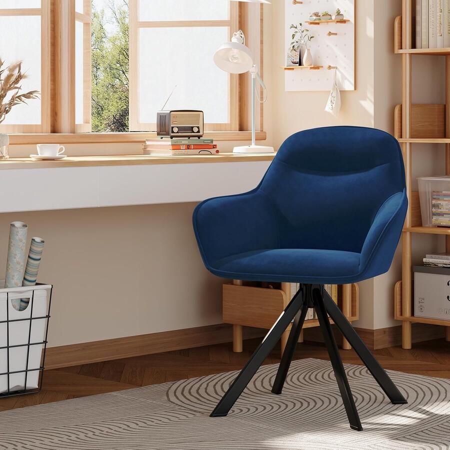 Ganeey Draaibare Eetkamerstoelen Set van 4 – Luxe Fluwelen Stoelen met Armleuningen – Donkerblauw – Ergonomische Stoelen met Metalen Poten – Comfortabele Gestoffeerde Keukenstoelen voor Eetkamer en Woonkamer
