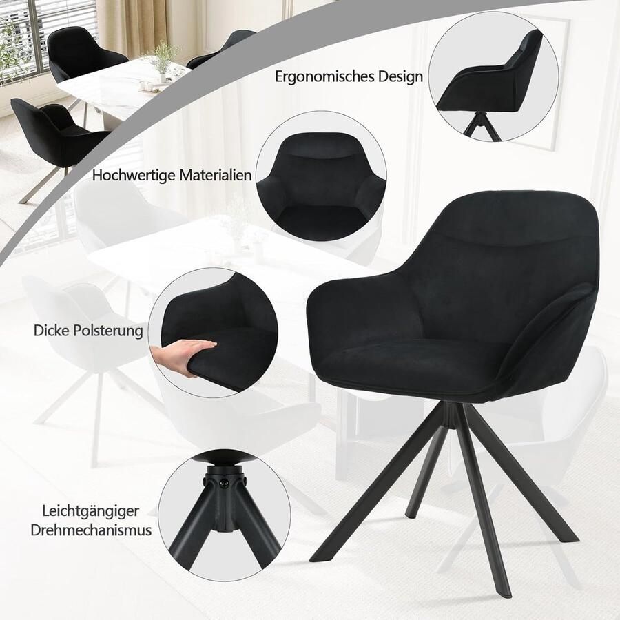Ganeey Draaibare Eetkamerstoelen Set van 6 – Luxe Fluwelen Stoelen met Armleuning – Zwarte Eetkamerstoelen – Ergonomische Draaistoelen – Comfortabele Gestoffeerde Stoelen – Keukenstoelen met Metalen Poten en Rugleuning