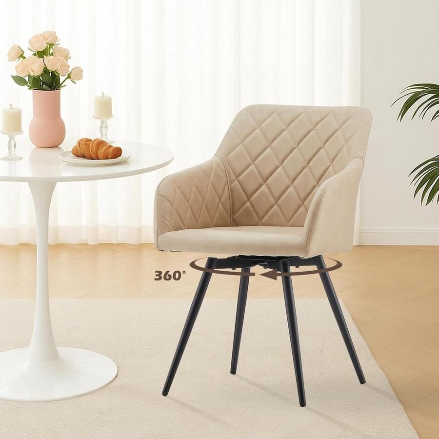 Ganeey Draaibare Eetkamerstoelen Set van 6 – Luxe Kunstleren Stoelen met Armleuningen – 360° Swivel Stoelen met Rugleuning & Metalen Poten – Comfortabele Design Fauteuils voor Eetkamer Keuken & Woonkamer – Beige