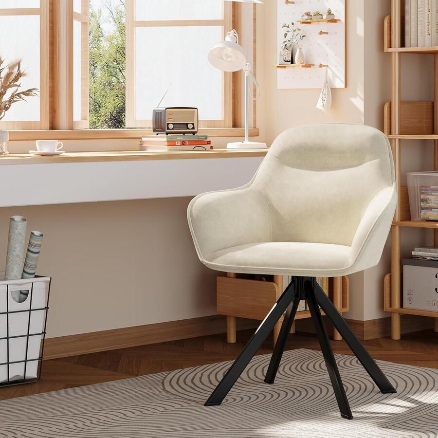 Ganeey Draaistoel Eetkamer Set van 2 met Armleuning – Luxe Fluwelen Eetkamerstoelen in Crèmewit – 360° Draaibare en Ergonomische Keukenstoelen met Metalen Poten & Zachte Rugleuning – Comfortabele Stoelen voor Woonkamer Keuken & Eetkamer –