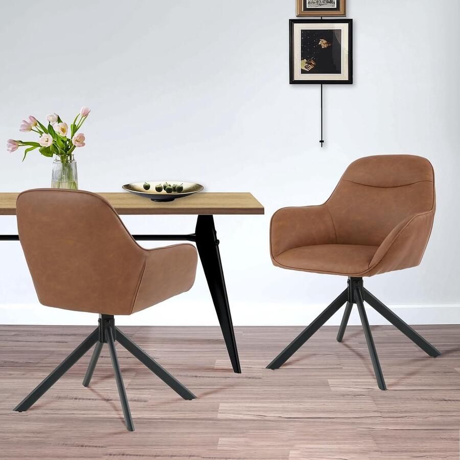 Ganeey Draaistoel Eetkamer Set van 4 – Luxe Kunstleren Eetkamerstoelen met Armleuning – 360° Draaibare Stoelen – Comfortabele Gestoffeerde Stoelen – Moderne Keukenstoelen voor Woonkamer & Eetkamer – Bruin