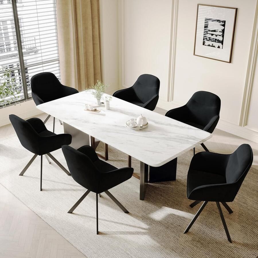 Ganeey Eetkamerstoelen set van 2 – Luxe Draaistoelen met Armleuningen – Zwarte Fluwelen Gestoffeerde Stoelen – 360° Draaibare Keukenstoelen met Metalen Poten – Ergonomische Design Stoelen voor Eetkamer & Woonkamer