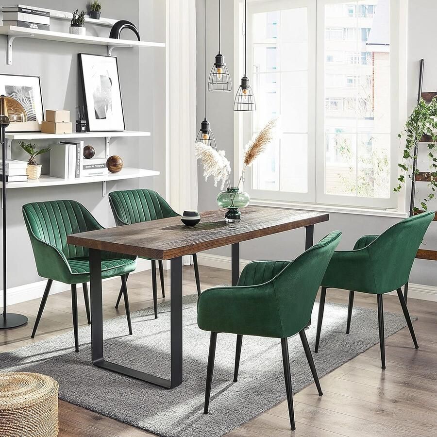 Ganeey Eetkamerstoel Set van 4 – Velvet Comfort Deluxe – Fluwelen Stoelen met Armleuningen – Luxe Gestoffeerde Fauteuils – Ergonomisch Stabiel & Elegant – Groen met Inktzwarte Poten – Tot 120 kg Draagkracht
