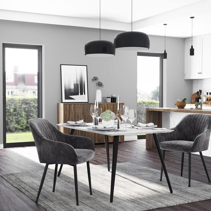 Ganeey Eetkamerstoel set van 6 – Luxe Fluwelen Stoelen met Armleuningen – Grijs Inktzwart – Ergonomische Gestoffeerde Stoelen met Metalen Poten – Comfortabele Loungestoelen voor Eetkamer Keuken en Woonkamer – 120 kg Belastbaar