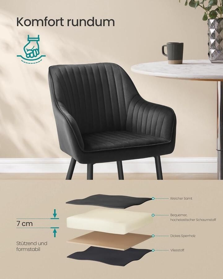 Ganeey Eetkamerstoel Set van 6 – Luxe Fluwelen Stoelen met Armleuningen – Inktzwart – Comfortabele Gestoffeerde Fauteuils – Ergonomische Loungestoelen – Moderne Keukenstoelen – Stapelbaar & Ruimtebesparend – Tot 120 kg Draagkracht