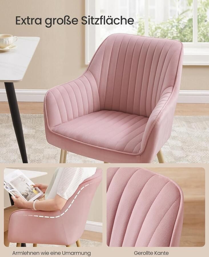 Ganeey Eetkamerstoel Set van 6 – Luxe Fluwelen Stoelen met Armleuningen – Pastelroze & Lichtgoud – Comfortabele Gestoffeerde Fauteuils – Ergonomische Keukenstoelen – Moderne Loungestoelen – Tot 120 kg Draagkracht