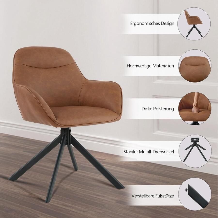 Ganeey Eetkamerstoelen met Armleuning – Set van 6 Draaibare Stoelen van – 360° Draaistoelen van Kunstleer – Comfortabele Ergonomische Eetkamerstoelen – Keukenstoelen & Woonkamerstoelen – Bruin – Luxe Gestoffeerde Stoelen met Stevige Rugleuning – Draa