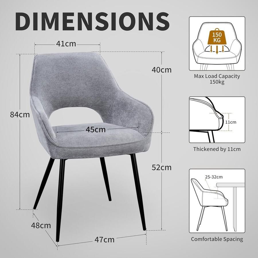 Ganeey Eetkamerstoelen Set van 2 – Luxe Chenille Design Stoelen met Armleuningen en Open Rug – Comfortabele Gestoffeerde Stoelen – Moderne Keukenstoelen voor Eetkamer & Woonkamer – Grijs