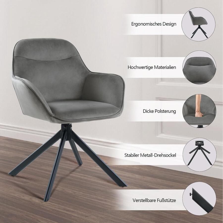 Ganeey Eetkamerstoelen Set van 2 – Luxe Fluwelen Draaistoelen met Armleuningen & Metalen Poten – 360° Draaibaar Ergonomisch Ontwerp – Comfortabele Stoelen voor Eetkamer Woonkamer & Kantoor – Donkergrijs