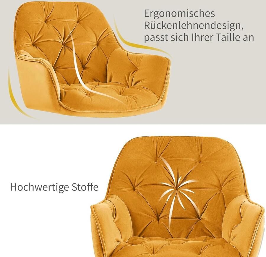 Ganeey Eetkamerstoelen set van 2 – Luxe Fluwelen Stoelen met Armleuningen & Metalen Poten – Comfortabele Moderne Stoelen voor Eetkamer Woonkamer of Lounge – Gevoerde Zitting Ergonomisch Design – Velvet Dining Chairs Geel