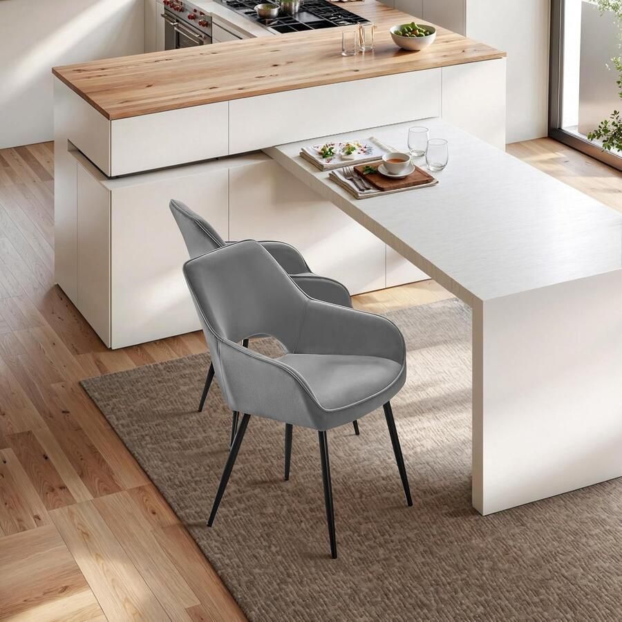 Ganeey Eetkamerstoelen Set van 2 – Luxe Fluwelen Stoelen met Armleuningen en Uitgesneden Rugleuning – Comfortabele Gestoffeerde Keukenstoelen – Moderne Design Stoelen voor Eetkamer & Woonkamer – Grijs