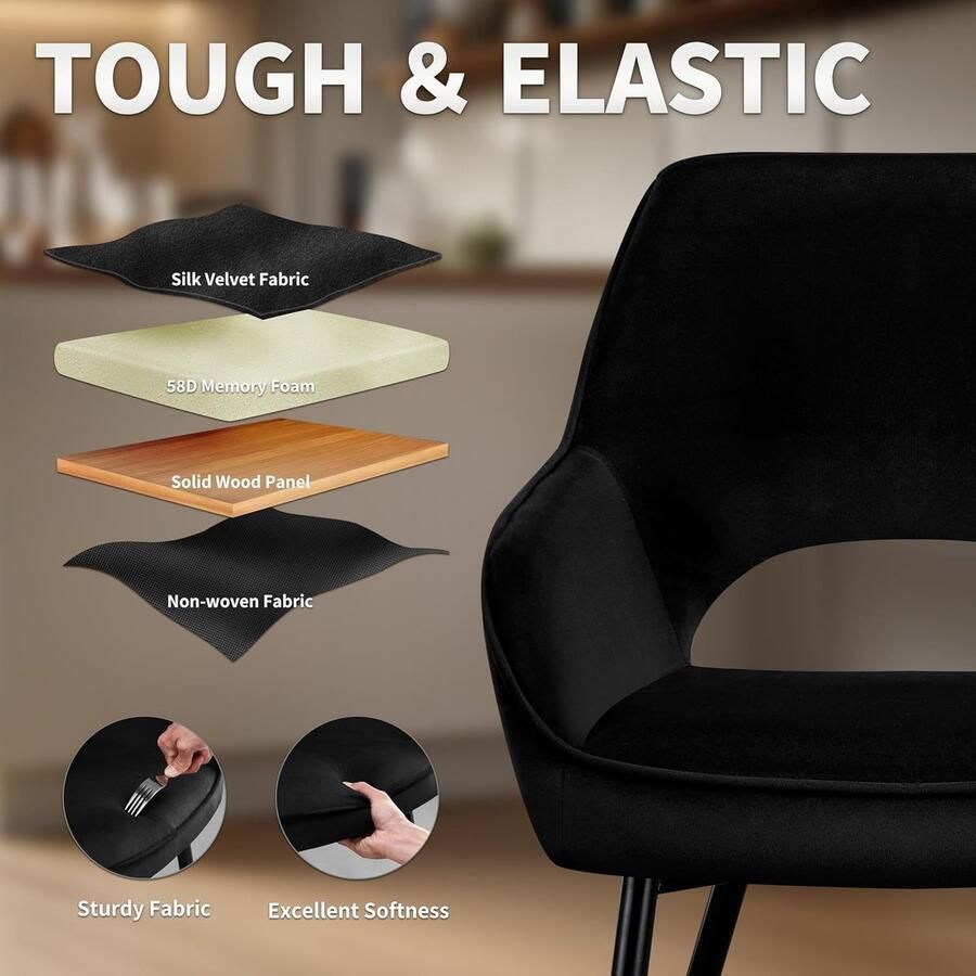 Ganeey Eetkamerstoelen set van 2 – Luxe fluwelen stoelen met armleuningen en uitgesneden rugleuning – Comfortabele gestoffeerde keukenstoelen voor eetkamer en woonkamer – Modern design – Zwart – Velvet Comfort