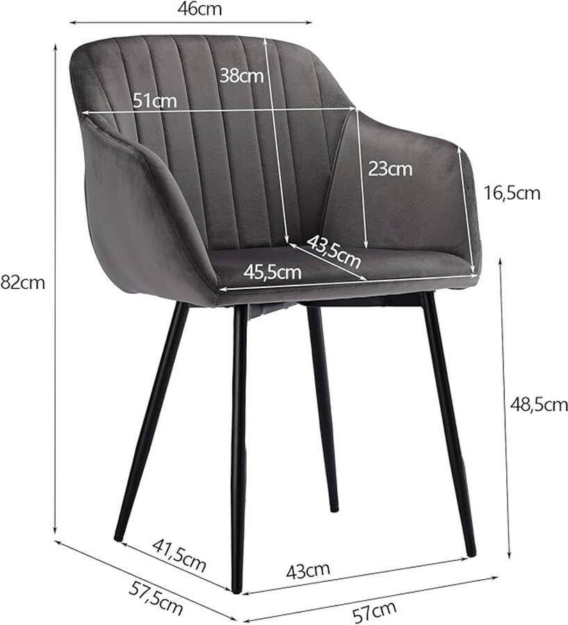 Ganeey Eetkamerstoelen Set van 2 met Armleuningen – Luxe Fluwelen Stoelen Donkergrijs – Comfortabele Design Keukenstoelen met Metalen Poten – Ergonomische Woonkamerstoelen met Zachte Zitting en Rugleuning