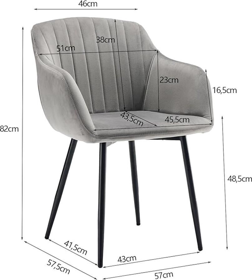 Ganeey Eetkamerstoelen set van 2 met armleuningen – Luxe Fluwelen Stoelen – Lichtgrijs – Gestoffeerde Eetkamerstoelen met Metalen Poten – Comfortabele Keukenstoelen – Moderne Woonkamerstoelen Ergonomisch Design