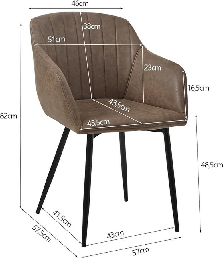 Ganeey Eetkamerstoelen Set van 2 met Armleuningen – Luxe Kunstleer Stoelen Donkerbruin – Ergonomische Keukenstoelen met Metalen Poten – Comfortabele Design Stoelen voor Eetkamer Woonkamer en Keuken