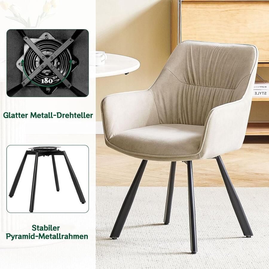 Ganeey Eetkamerstoelen Set van 4 Draaibaar – Luxe Fluwelen Stoelen met Armleuning – 180° Draaifunctie – Comfortabele Gestoffeerde Kuipstoelen – Moderne Eetkamerstoelen voor Woonkamer Keuken & Slaapkamer – Kaki