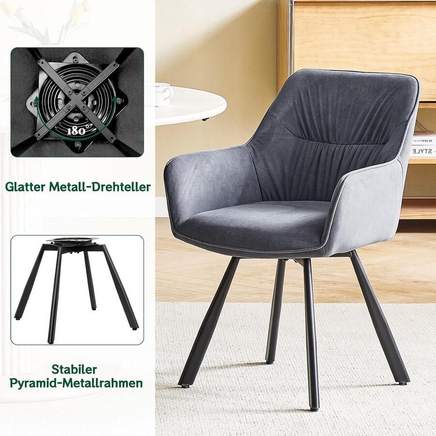 Ganeey Eetkamerstoelen set van 4 draaibaar – Luxe Fluwelen Stoelen met Armleuning – 180° Draaifunctie met Terugkeer – Ergonomisch Modern Design Comfortabele Gestoffeerde Stoelen voor Eetkamer Woonkamer Keuken – Grijs