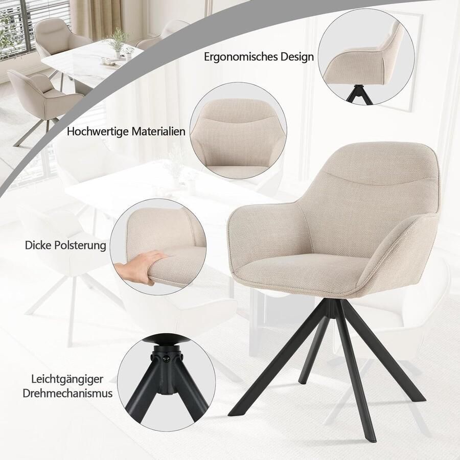 Ganeey Eetkamerstoelen Set van 4 Draaibaar met Armleuning – Luxe Fluwelen Stoelen Beige – Gestoffeerde Keukenstoelen met Metalen Poten en Rugleuning – Comfortabele 360° Draaistoelen voor Eetkamer Woonkamer of Kantoor – Ergonomisch en Elegant Design