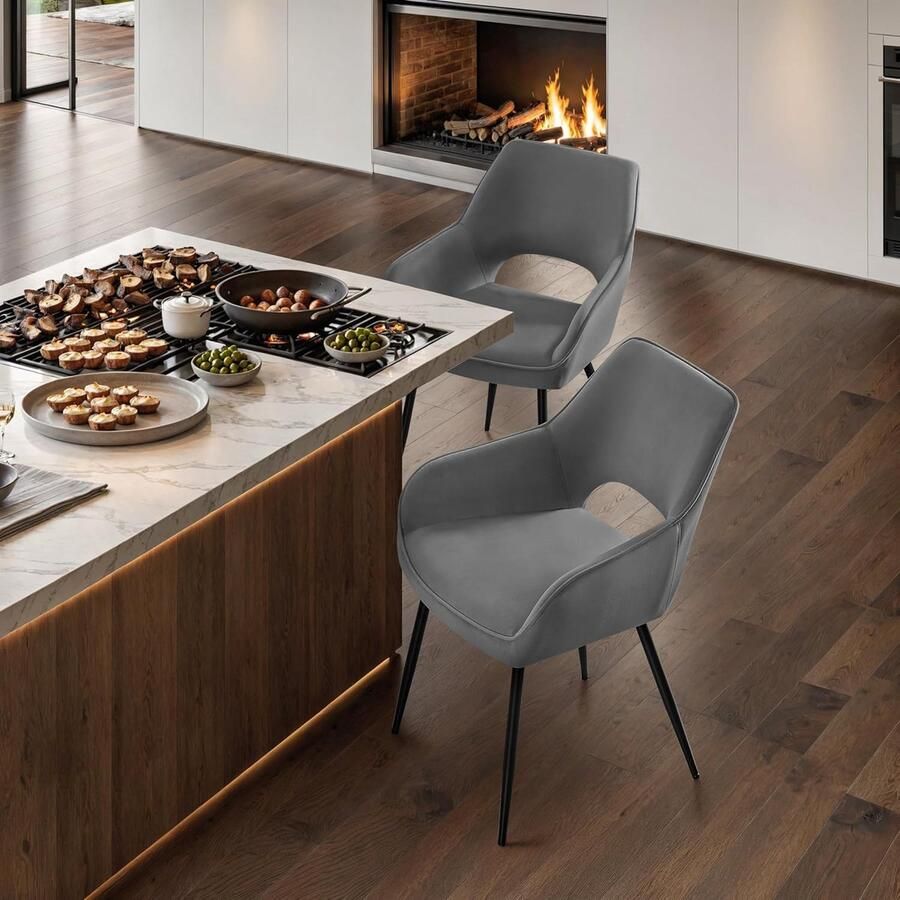 Ganeey Eetkamerstoelen set van 4 – Grijs Fluweel – Luxe Comfort Stoelen met Armleuningen – Ergonomisch & Verstelbaar – Moderne Design Stoelen voor Eetkamer Keuken of Woonkamer – Stabiele Metalen Poten – Zachte Fluwelen Bekleding