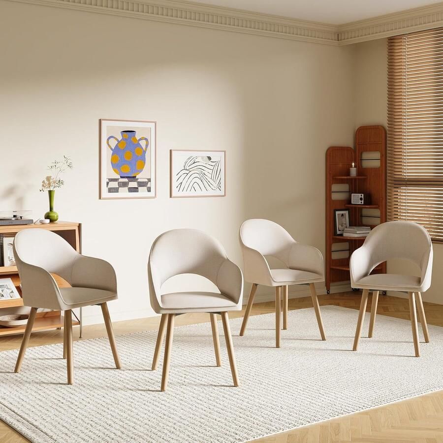 Ganeey Eetkamerstoelen Set van 4 – Luxe Fluwelen Stoelen met Armleuningen – Beige Eetkamerstoelen met Houten Poten – Ergonomisch Comfortabel & Stabiel – Gestoffeerde Keukenstoelen voor Eetkamer of Woonkamer