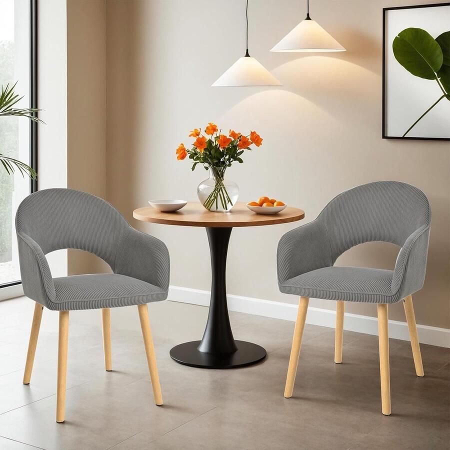 Ganeey Eetkamerstoelen set van 4 met armleuningen – Corduroy Donkergrijs – Gestoffeerde Keukenstoelen met Houten Poten – Ergonomische Comfort Stoelen voor Eetkamer & Woonkamer – Luxe & Stabiele Design Stoelen
