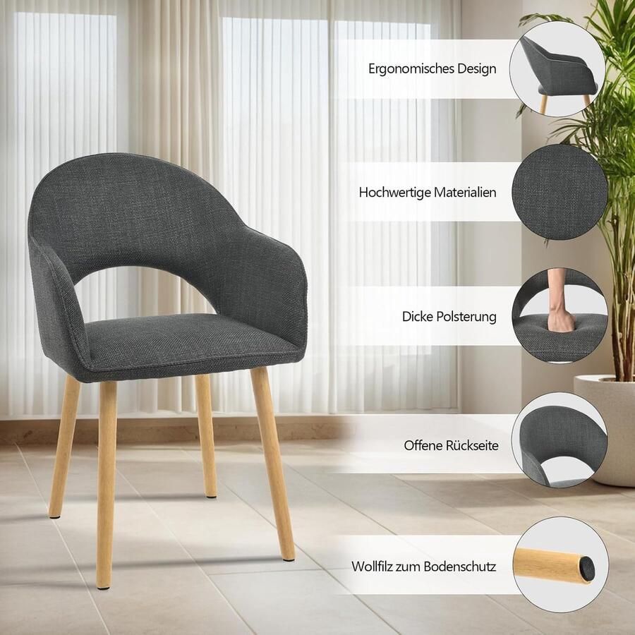 Ganeey Eetkamerstoelen set van 4 met armleuningen – Gestoffeerde Stoelen Zwart-Grijs – Comfortabele Keukenstoelen met Houten Poten – Ergonomische Design Stoelen voor Eetkamer Keuken & Woonkamer – Luxe & Stabiele Moderne Stoelen