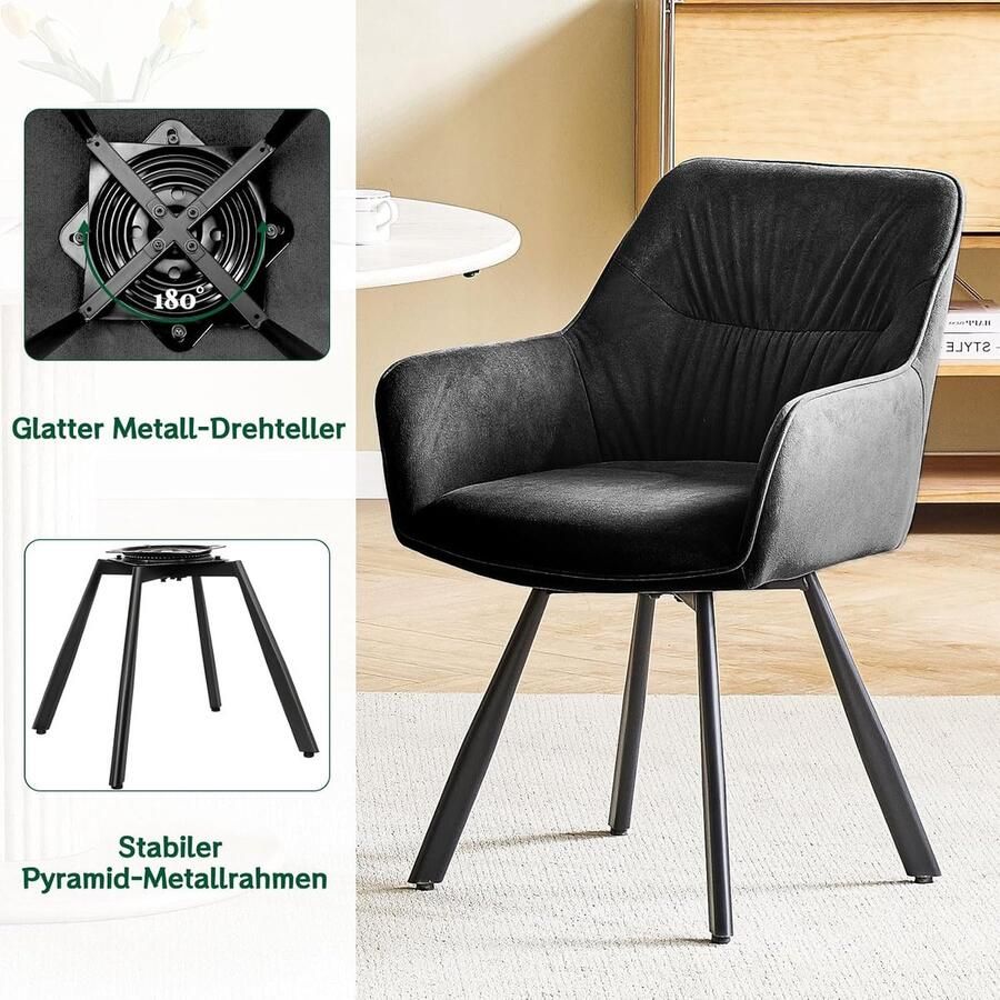 Ganeey Draaibare Eetkamerstoelen Set van 4 – Luxe Fluwelen Stoelen met Armleuning – 180° Draaibaar met Automatische Terugkeer – Zwarte Gestoffeerde Keukenstoelen – Moderne Stoelen voor Eetkamer Woonkamer & Kantoor