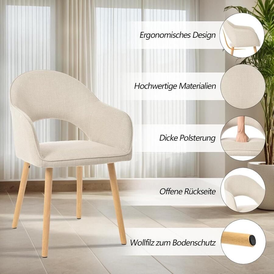Ganeey Eetkamerstoelen set van 4 met armleuningen – Fluwelen Stoelen Beige – Gestoffeerde Keukenstoelen met Houten Poten – Ergonomische Design Stoelen voor Eetkamer & Woonkamer – Luxe & Stabiel Comfort