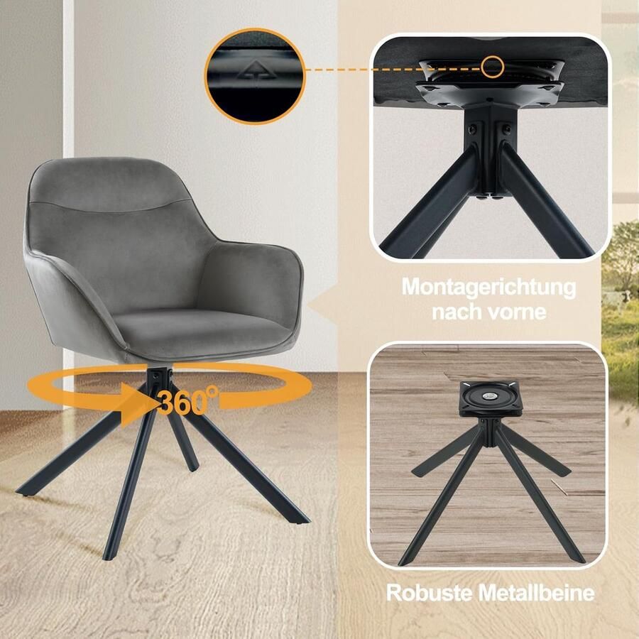 Ganeey Eetkamerstoelen Set van 6 – Luxe Draaibare Stoelen met Armleuning – Fluwelen Gestoffeerde Eetkamerstoelen – 360° Draaibare Keukenstoelen met Metalen Poten – Ergonomische Comfort Stoelen met Stevige Rug – Donkergrijs – Moderne Stoelen voor Eetk