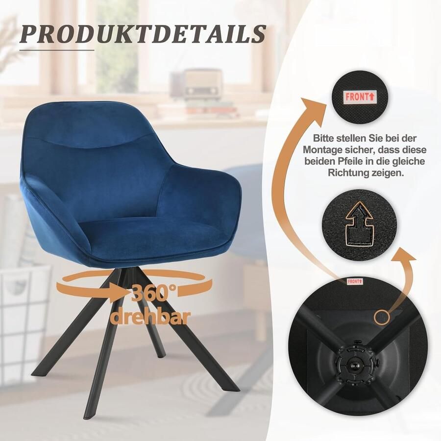 Ganeey Eetkamerstoelen Set van 6 – Luxe Draaibare Stoelen met Armleuning – Fluwelen Gestoffeerde Eetkamerstoelen – 360° Draaibare Keukenstoelen met Metalen Poten – Comfortabele Ergonomische Stoelen met Stevige Rugleuning – Donkerblauw – Moderne Stoel