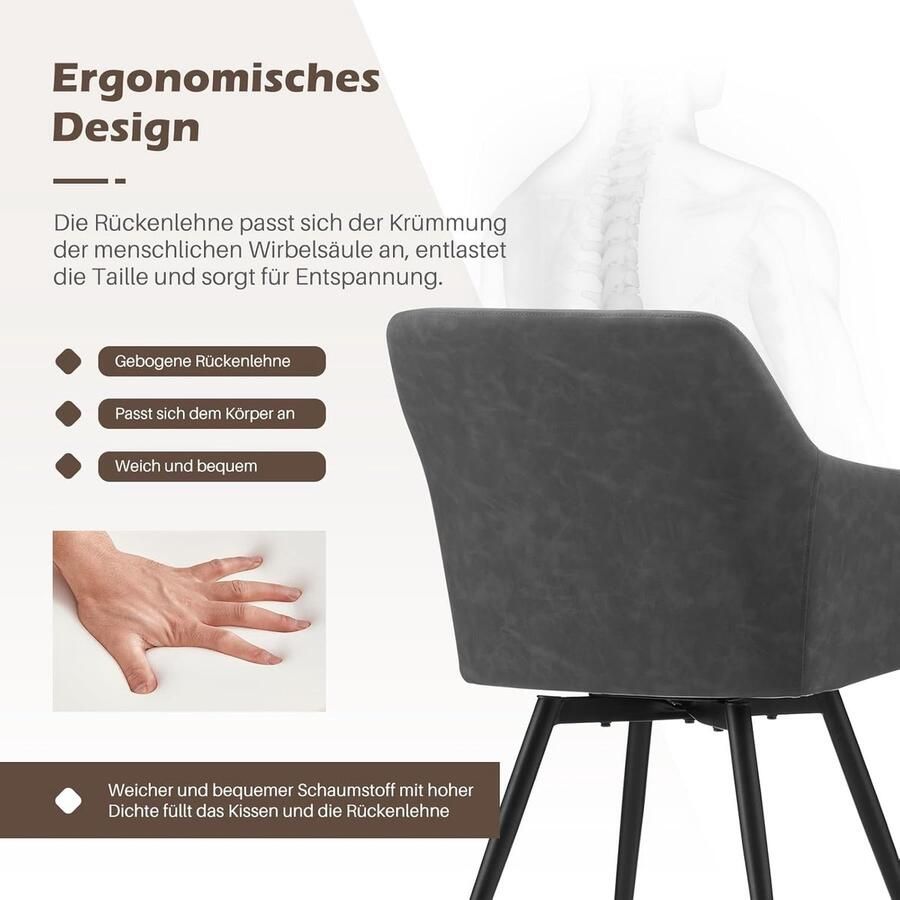 Ganeey Eetkamerstoelen Set van 6 Luxe Draaibare Stoelen met Armleuningen – 360° Kunstleren Design Stoelen met Metalen Poten Comfortabele Polster Stoelen voor Eetkamer Keuken & Woonkamer – Lichtgrijs