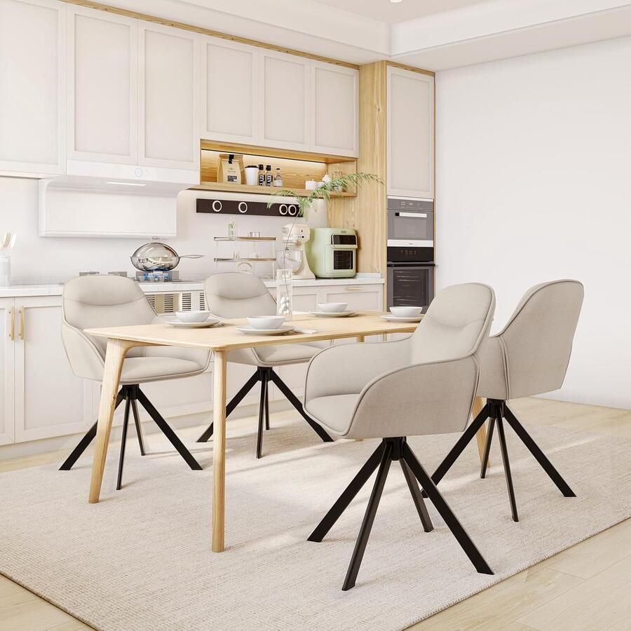 Ganeey Eetkamerstoelen Set van 6 – Luxe Draaistoelen met Armleuningen – Beige Fluwelen Stoelen met Metalen Poten – 360° Draaibaar & Ergonomisch Ontwerp – Comfortabele Keukenstoelen voor Eetkamer Woonkamer & Kantoor