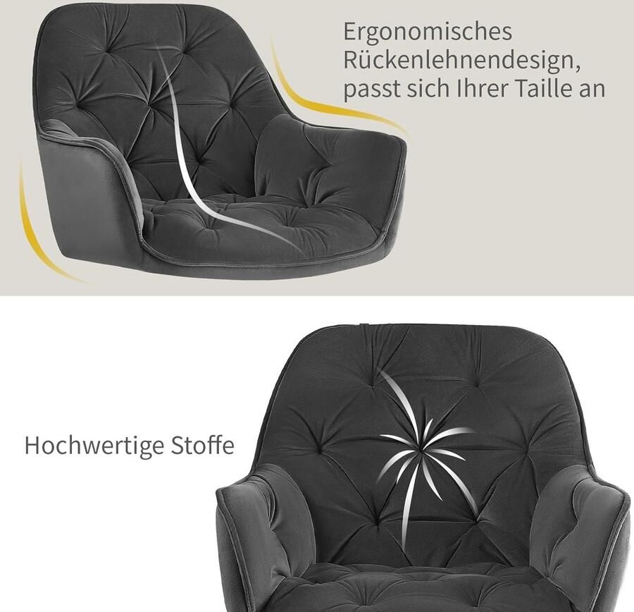 Ganeey Eetkamerstoelen Set van 6 Luxe Fluwelen Stoelen met Armleuningen – Comfortabele Design Stoelen met Metalen Poten Zachte Bekleding & Ergonomische Rugleuning – Modern voor Eetkamer Woonkamer Grijs