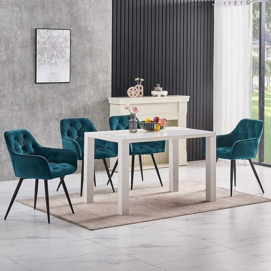 Ganeey Eetkamerstoelen Set van 6 – Luxe Fluwelen Stoelen met Armleuningen & Metalen Poten – Comfortabele Zachte Zitting en Rugleuning – Moderne Design Stoelen voor Eetkamer Woonkamer of Keuken – Blauwgroen – 44 5x47 5x84cm