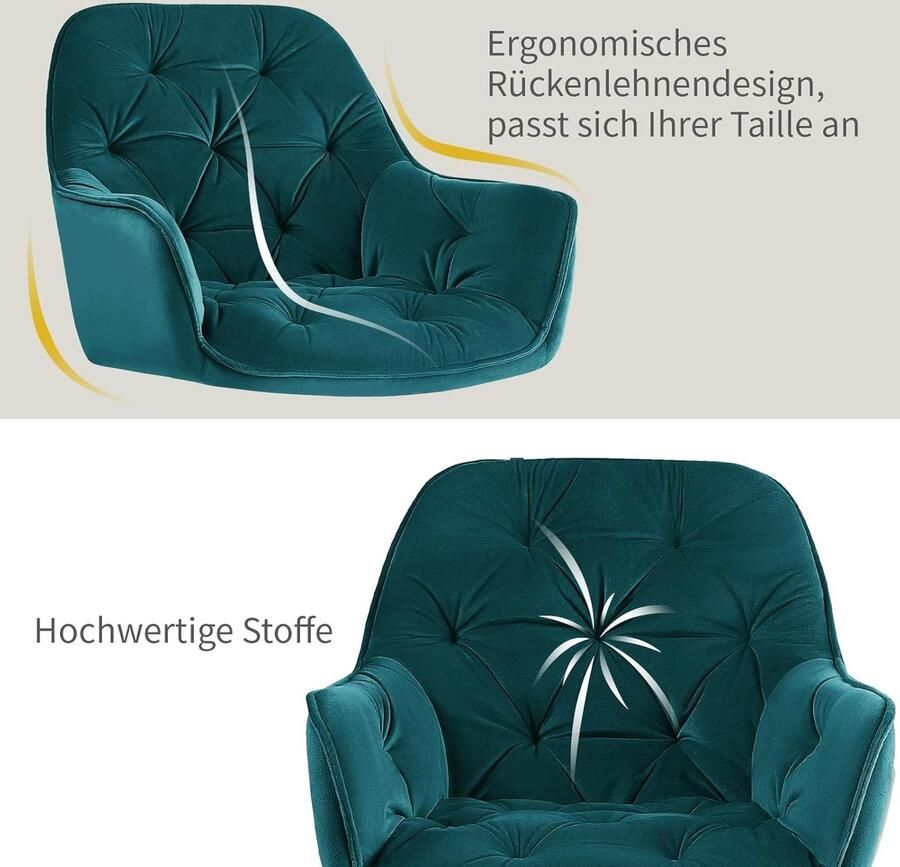 Ganeey Eetkamerstoelen Set van 6 – Luxe Fluwelen Stoelen met Armleuningen & Metalen Poten – Comfortabele Design Kuipstoelen – Modern & Elegant – Blauwgroen – 84 cm Hoog