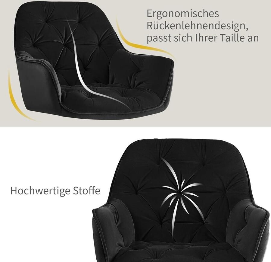 Ganeey Eetkamerstoelen Set van 6 – Luxe Fluwelen Stoelen met Armleuningen – Zwarte Design Kuipstoelen met Comfortabele Zitting – Moderne Eetkamerstoelen met Metalen Poten – Elegante Stoelen voor Woonkamer Keuken & Lounge